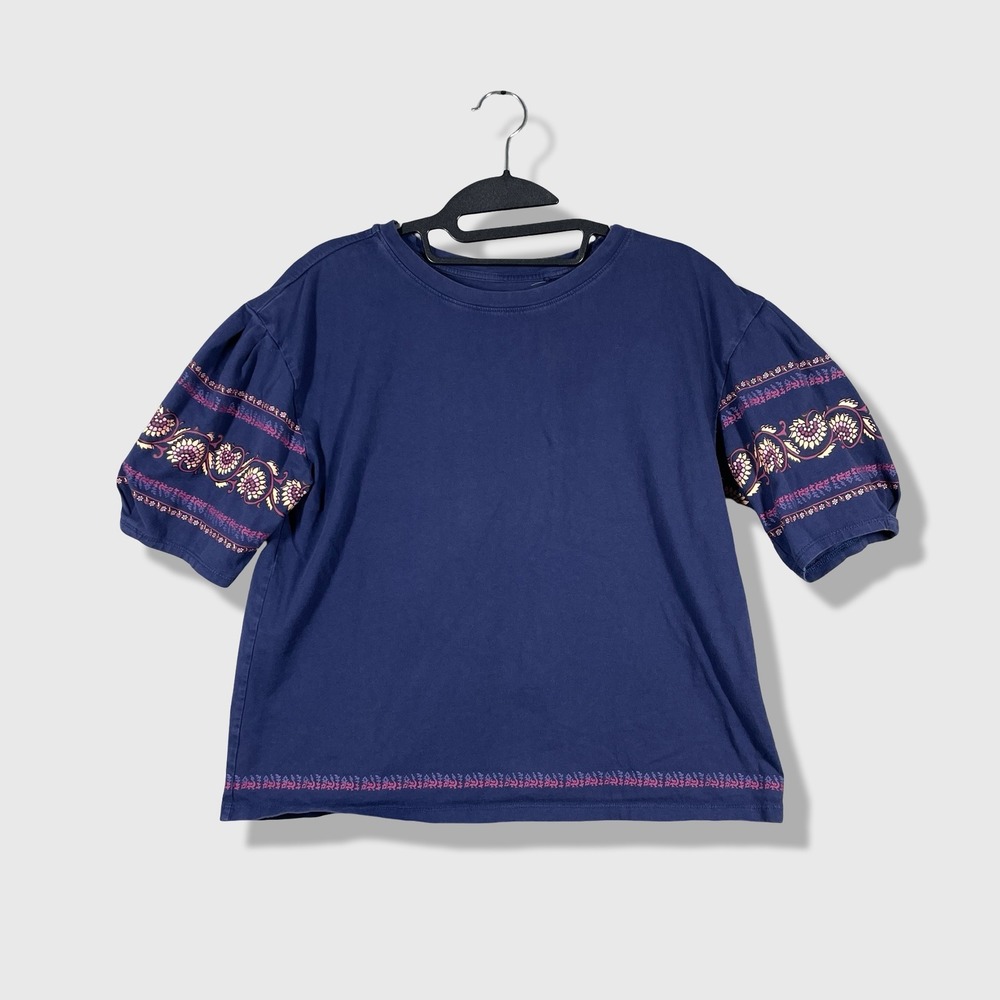 Uniqlo Anna Sui T-Shirt Womens S Blue Floral Boho Short Sleeve Crew Neck